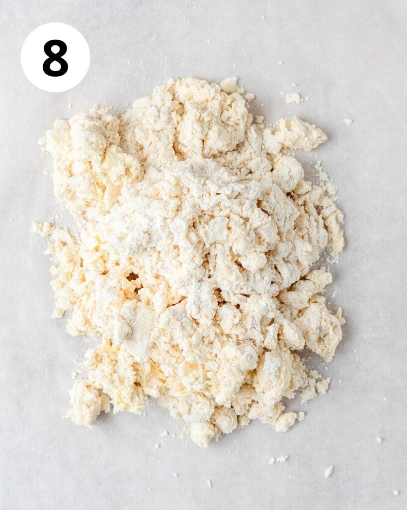 shaggy biscuit dough on table.