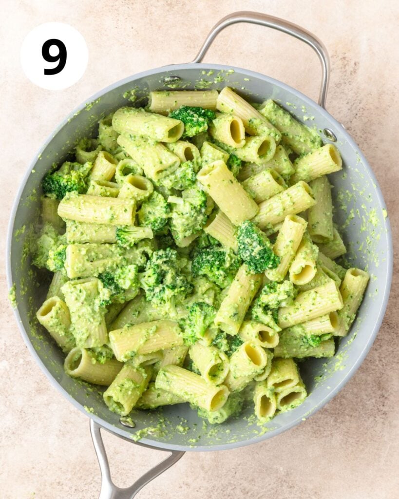 broccoli pesto pasta after mixing together.