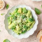 close up of creamy broccoli pesto pasta.