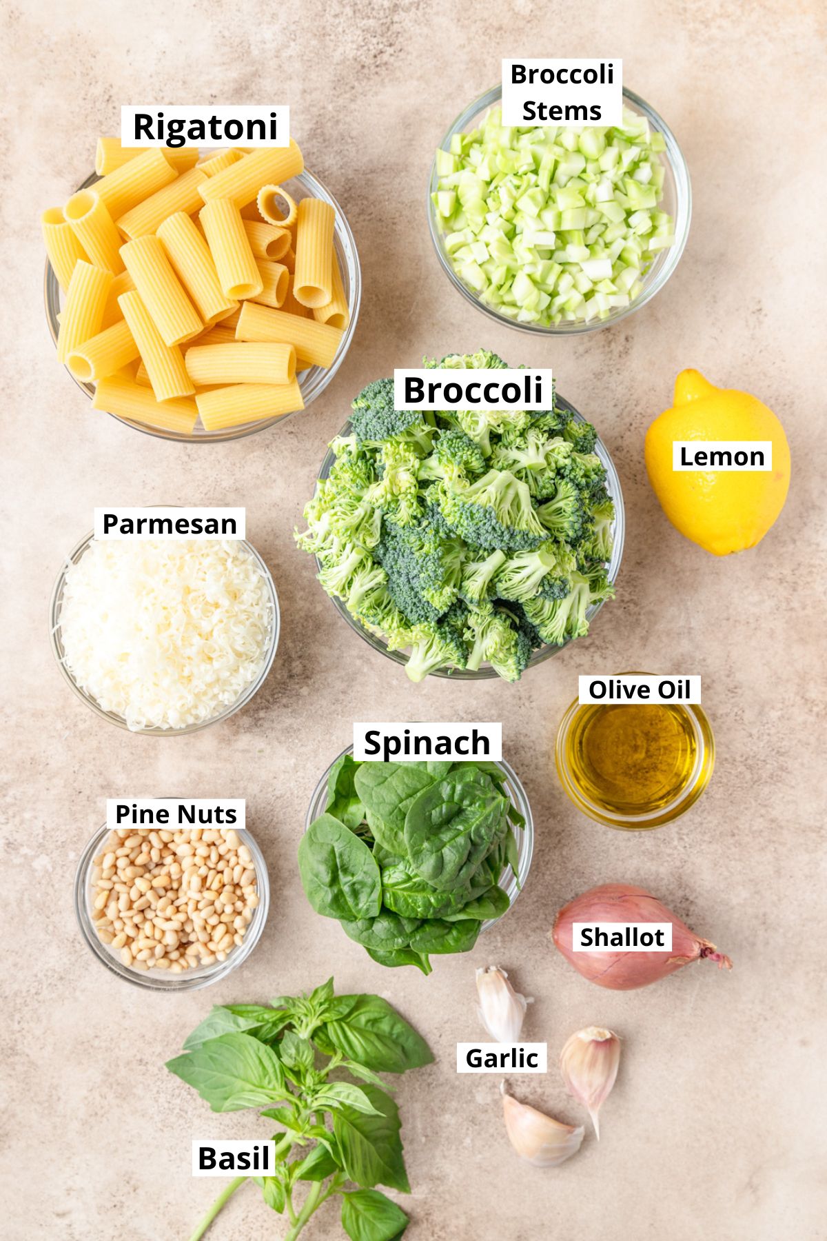 ingredients for broccoli pesto pasta.