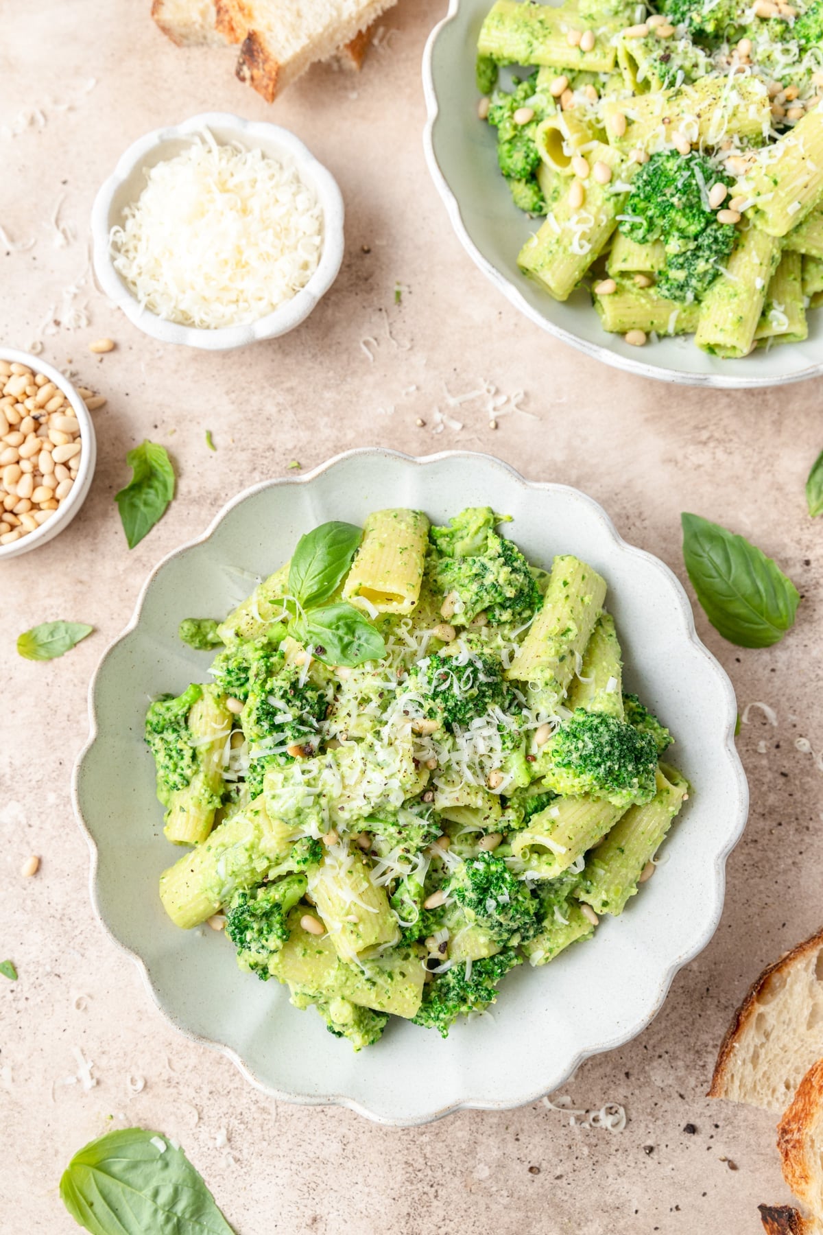 creamy broccoli pesto pasta with toasted pine nuts.