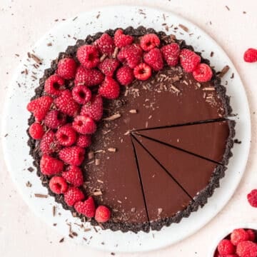 dark chocolate raspberry tart with oreo crust.