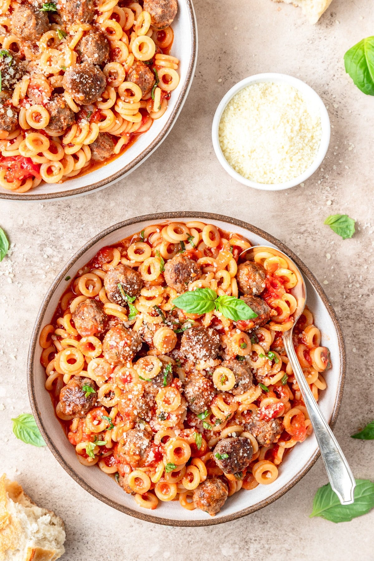 homemade spaghetti o's with mini meatballs.
