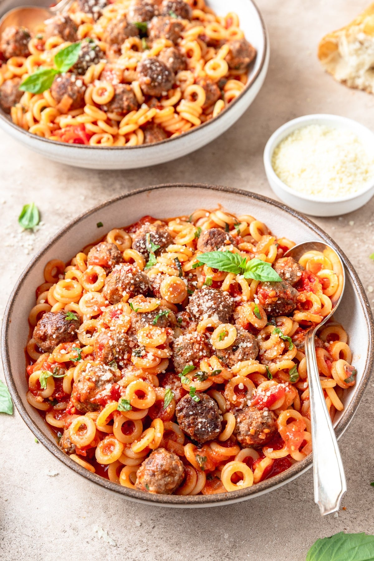 bowl of spaghetti o's and mini meatballs.