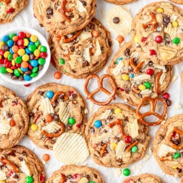 brown butter kitchen sink cookies with potato chips and m&m's.