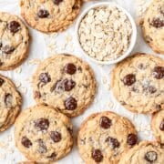 close up of brown butter oatmeal chocolate chip cookies.