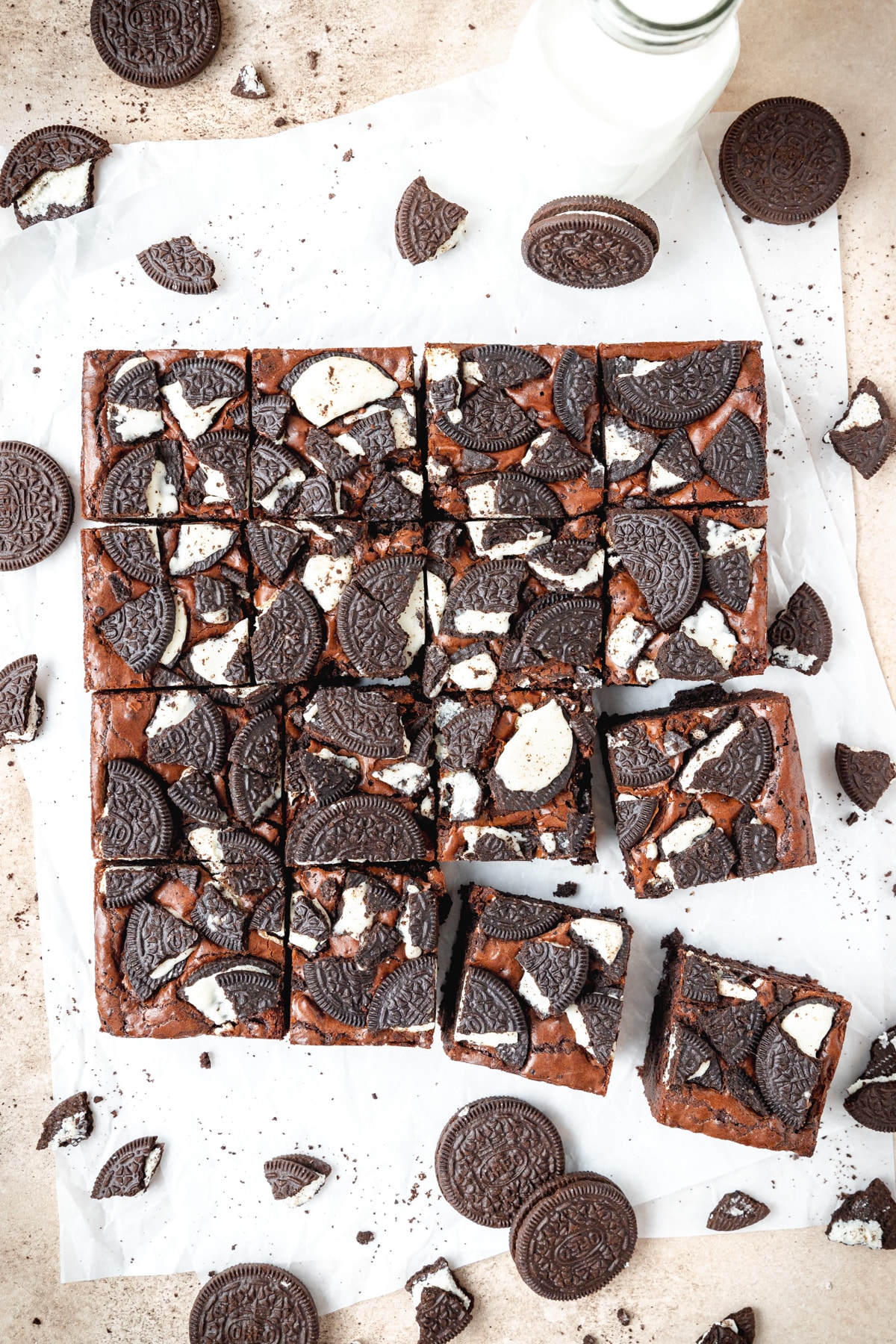oreo brownies cut into squares.