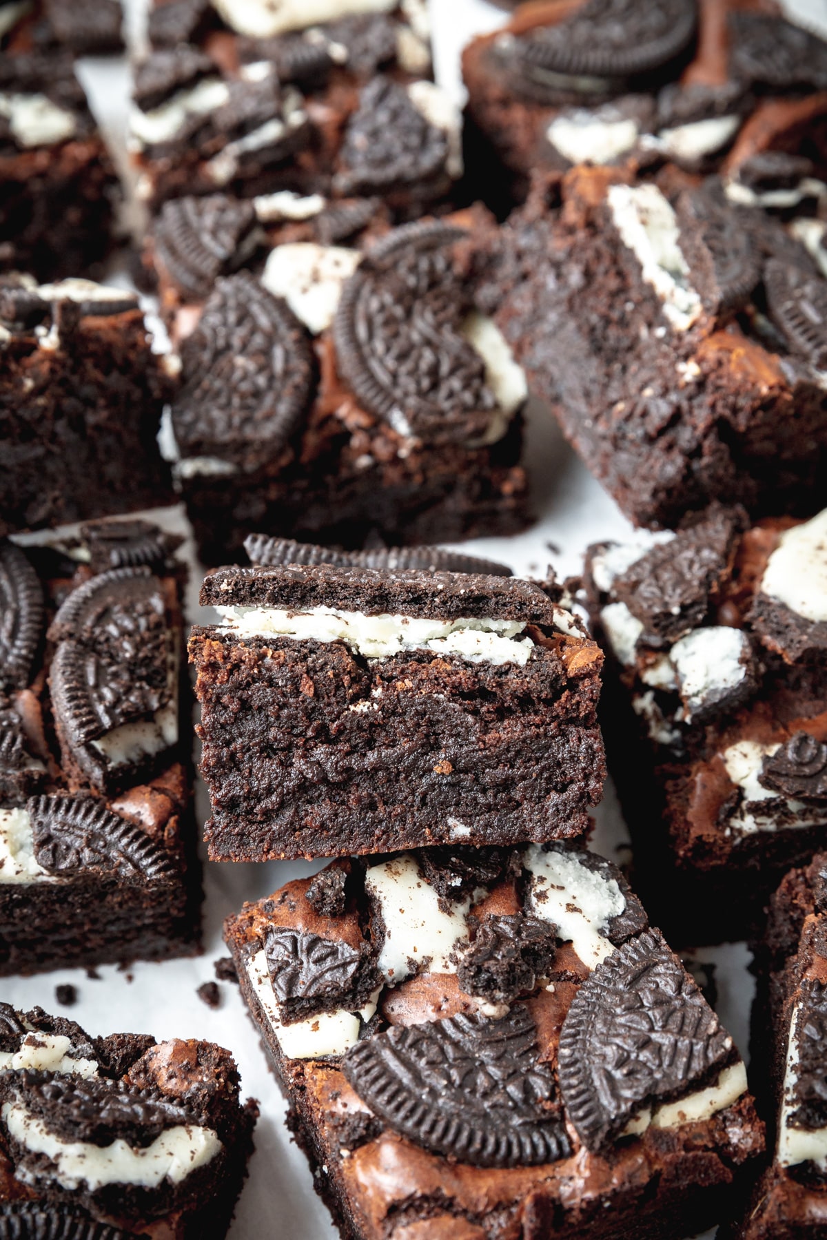 fudgy brownies topped with oreo cookies.