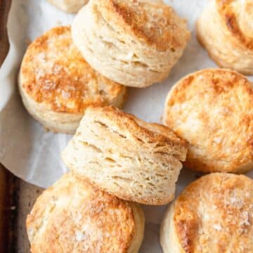 close up of sourdough buttermilk biscuits.
