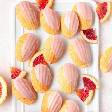 close up of blood orange madeleines.