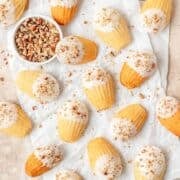 close up of brown butter bourbon pecan madeleines.