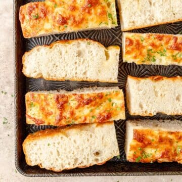 close up of cheesy focaccia bread.