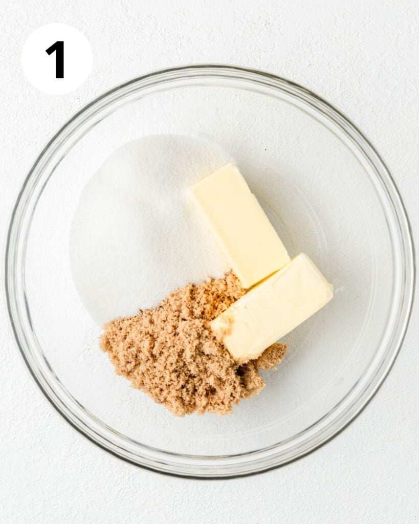 softened butter and sugars in bowl.