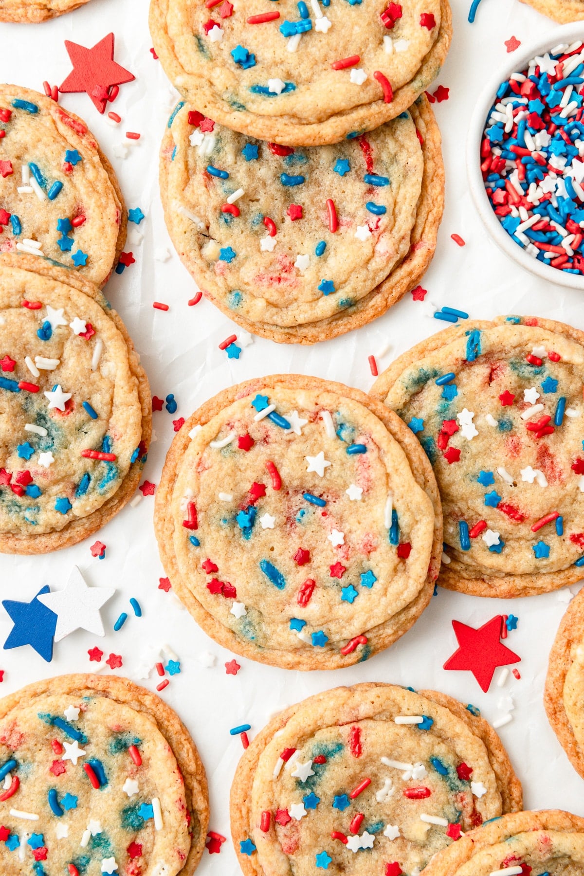 4th of July sugar cookies with red white and blue star sprinkles.