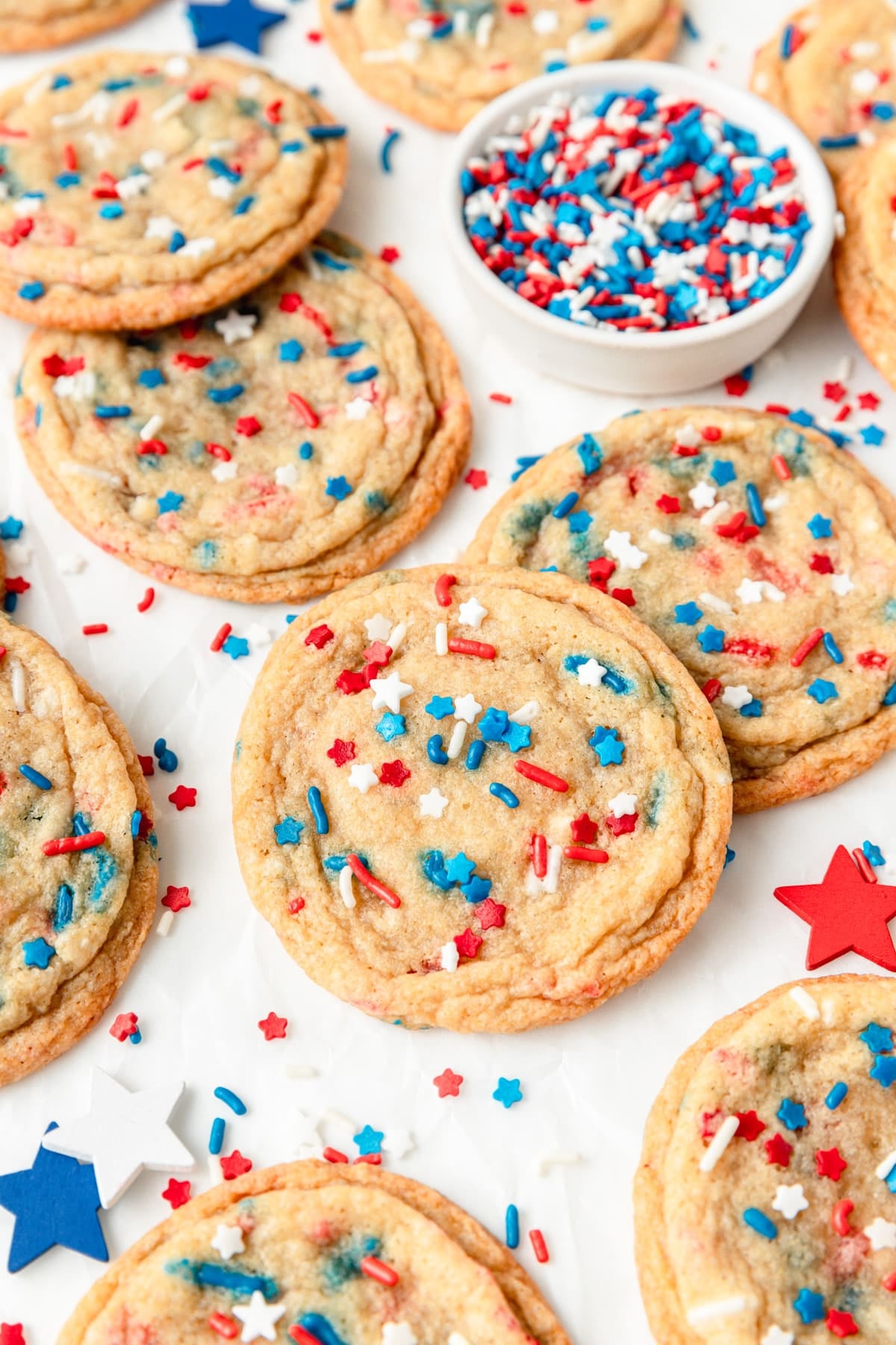 chewy sugar cookies with red white and blue star sprinkles.