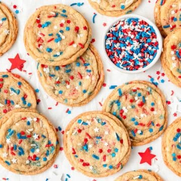 4th of July sugar cookies with red white and blue sprinkles.