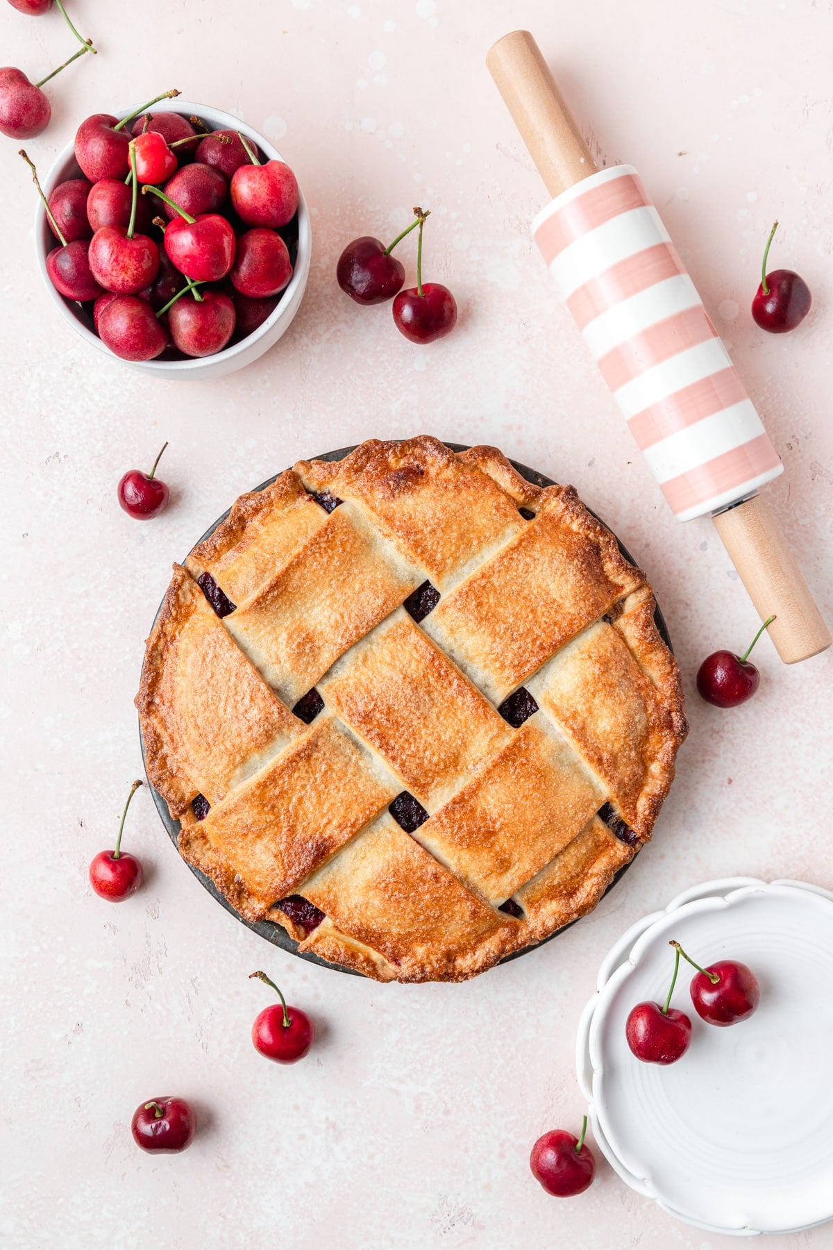 fresh cherry pie with flaky pie crust.