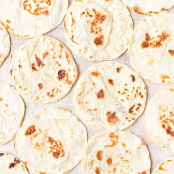 close up of homemade sourdough tortillas.