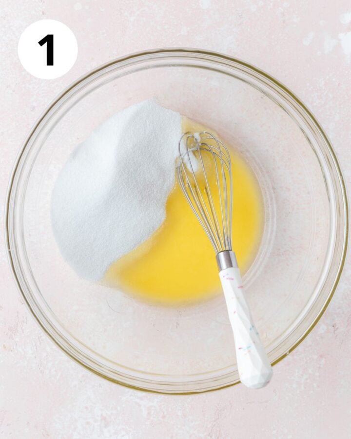 melted butter and sugar in bowl.