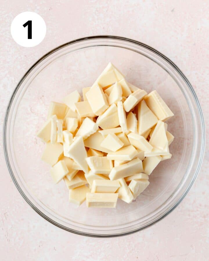chopped white chocolate in bowl.