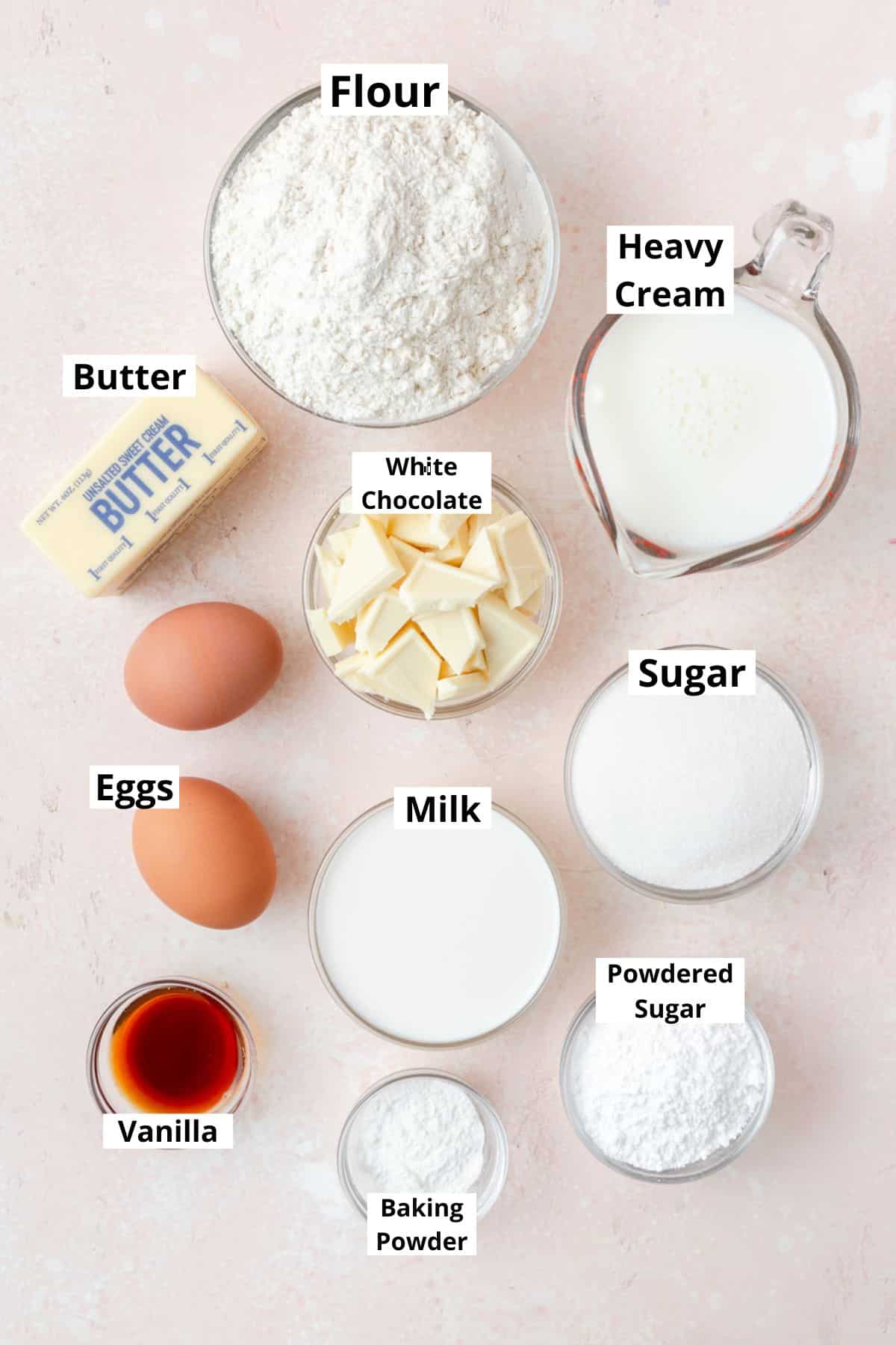 ingredients for white chocolate cupcakes.