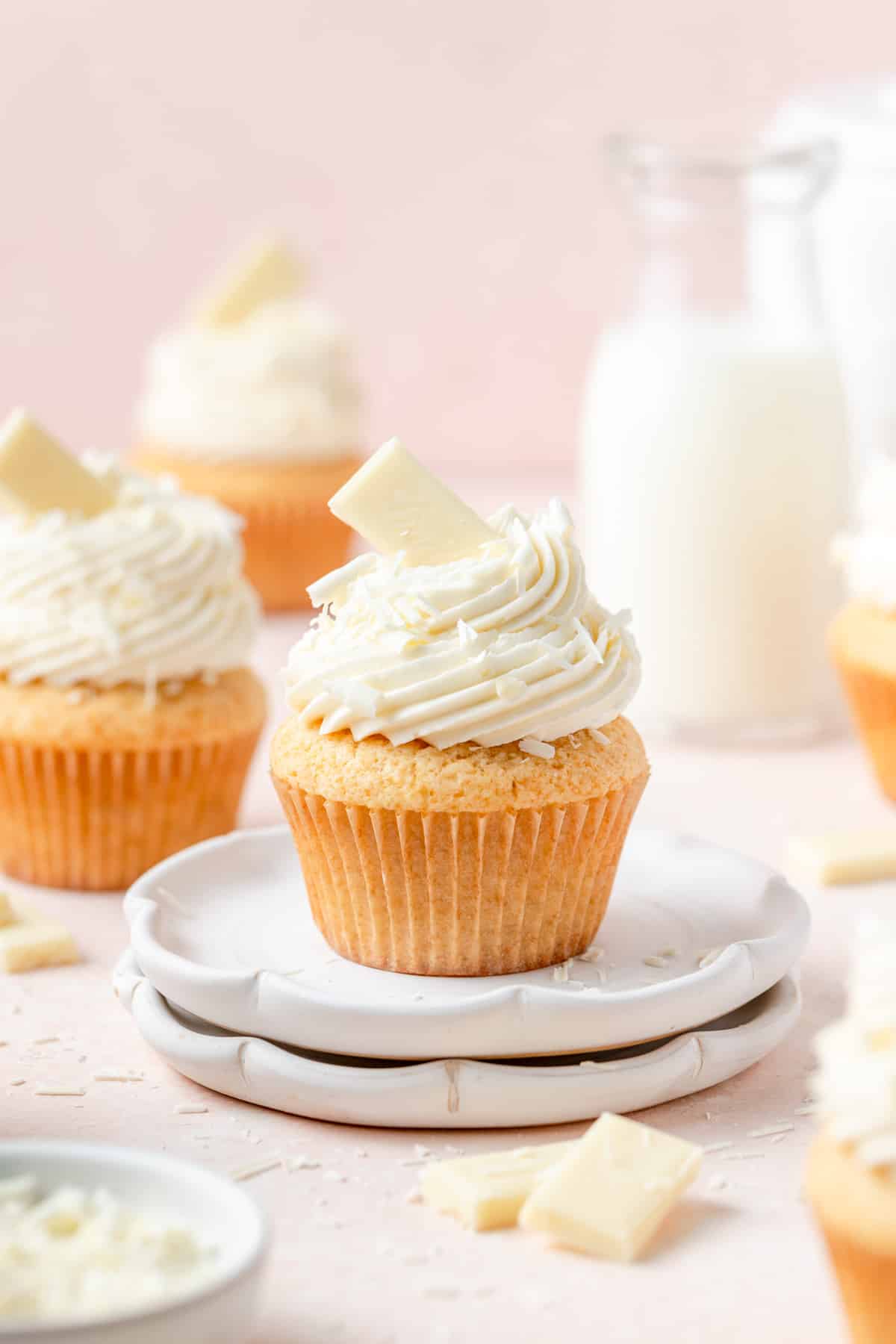 white chocolate cupcakes topped with white chocolate buttercream.