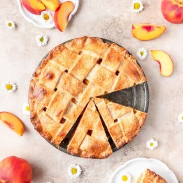 brown butter bourbon peach pie with lattice crust.