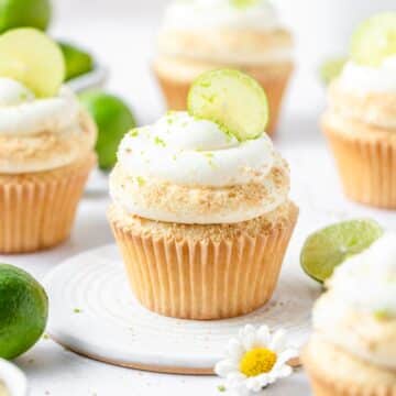 key lime cupcakes with key lime pie filling and graham cracker crumbs.