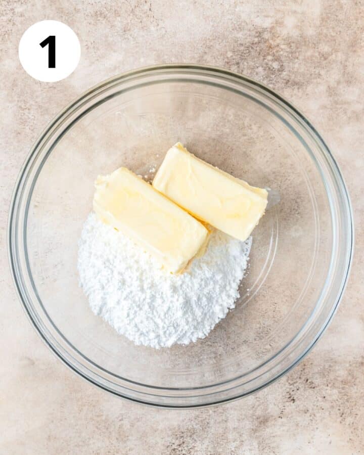 butter and powdered sugar in bowl.