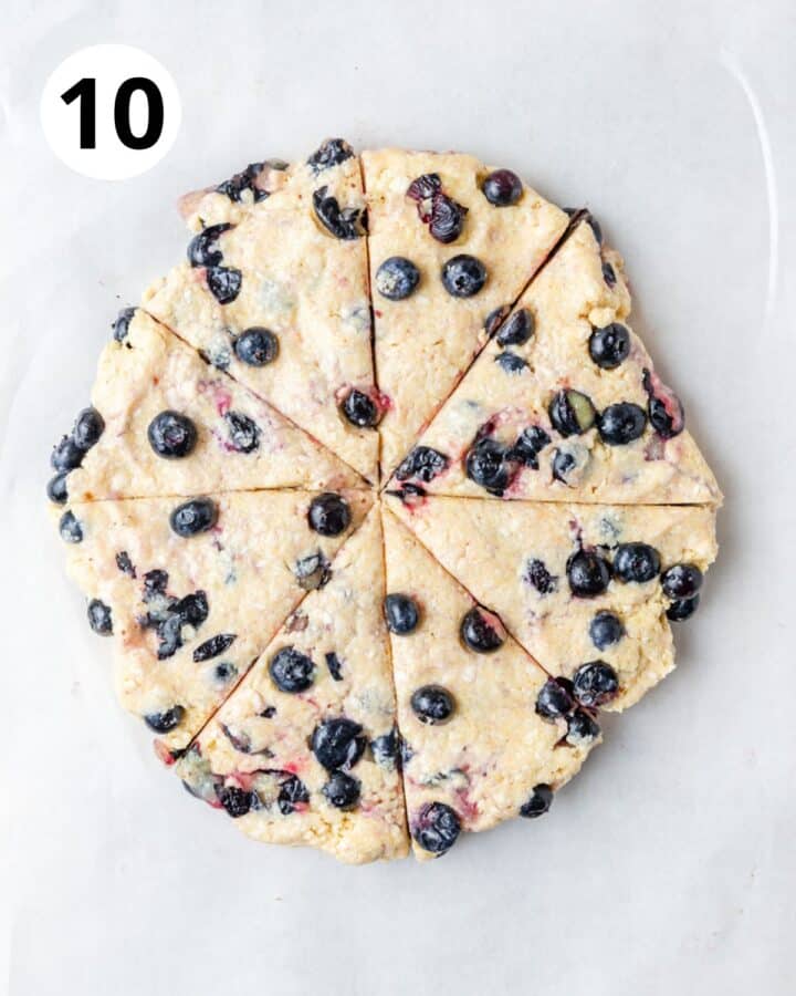 scone dough cut into 8 triangles.