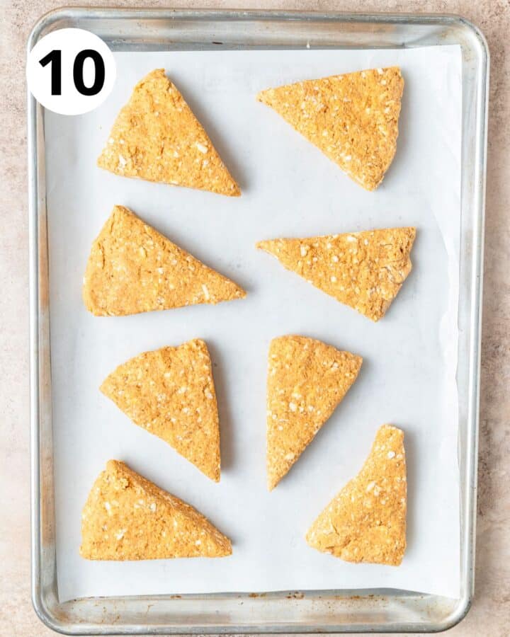 pumpkin scone on baking sheet.