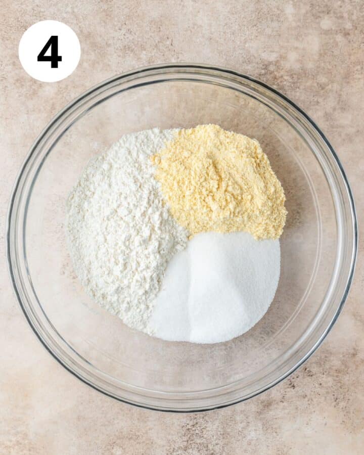 flour, cornmeal, and sugar in bowl.