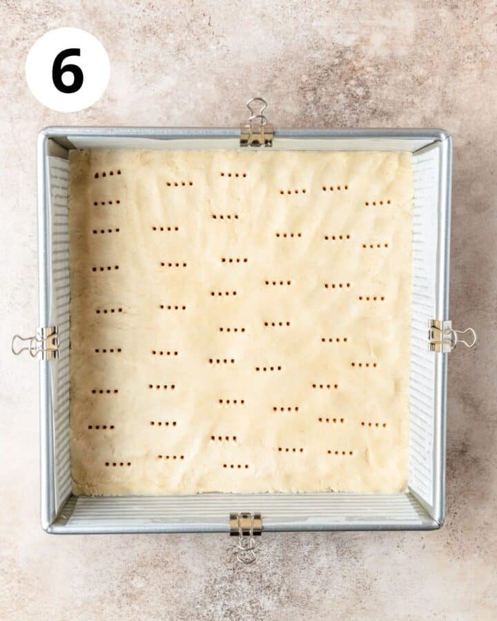 shortbread dough pressed into bottom of pan.