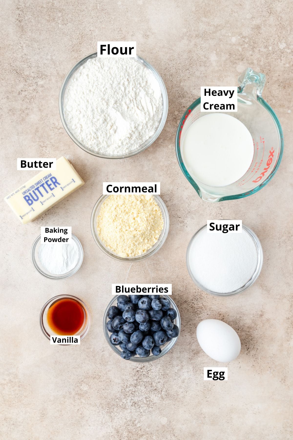 ingredients for blueberry cornmeal scones.