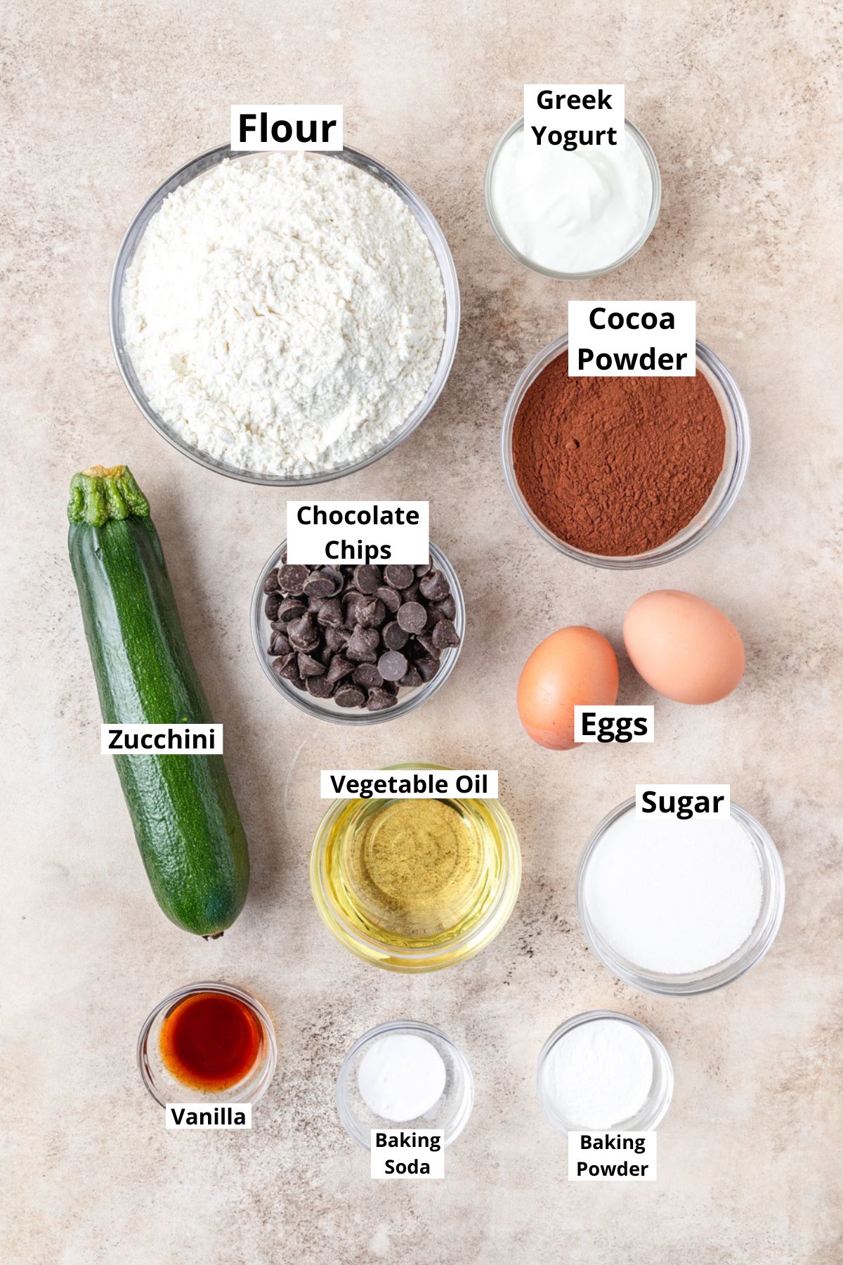 ingredients for chocolate zucchini muffins. 