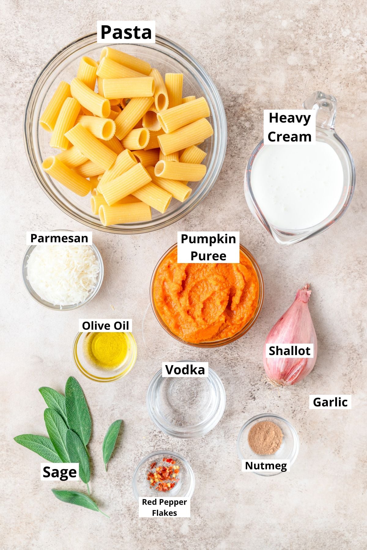 ingredients for pumpkin vodka sauce pasta.