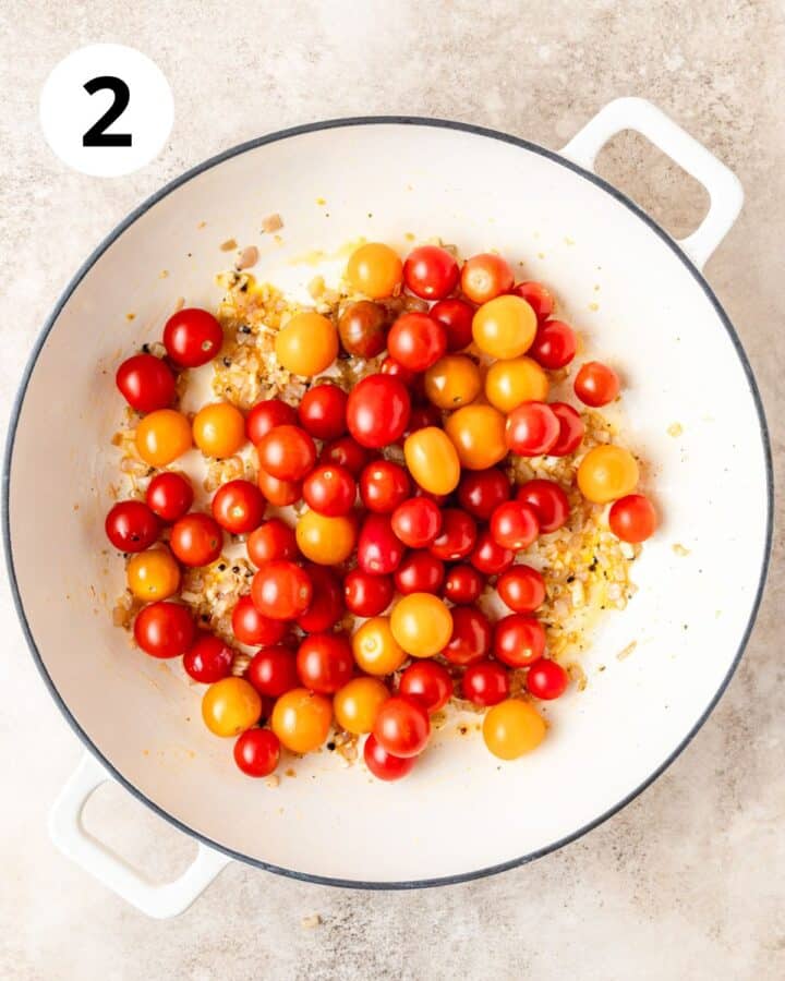 adding cherry tomatoes to pan.
