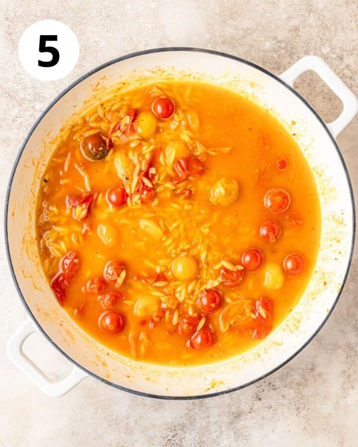 adding broth to orzo.