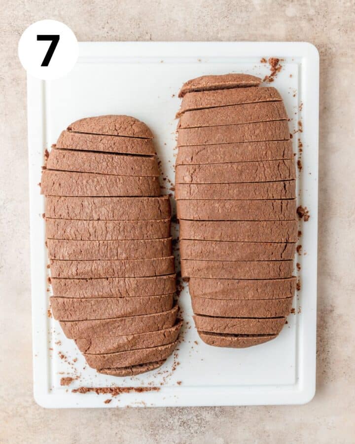chocolate biscotti sliced before second bake.