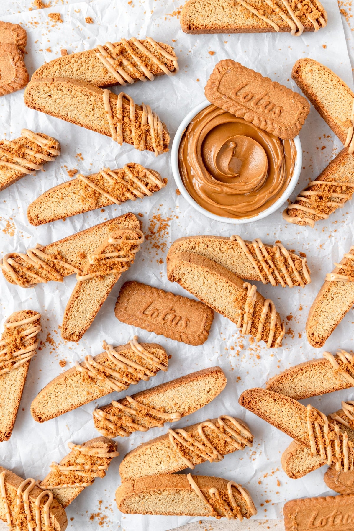 cookie butter biscotti with cookie butter drizzle.