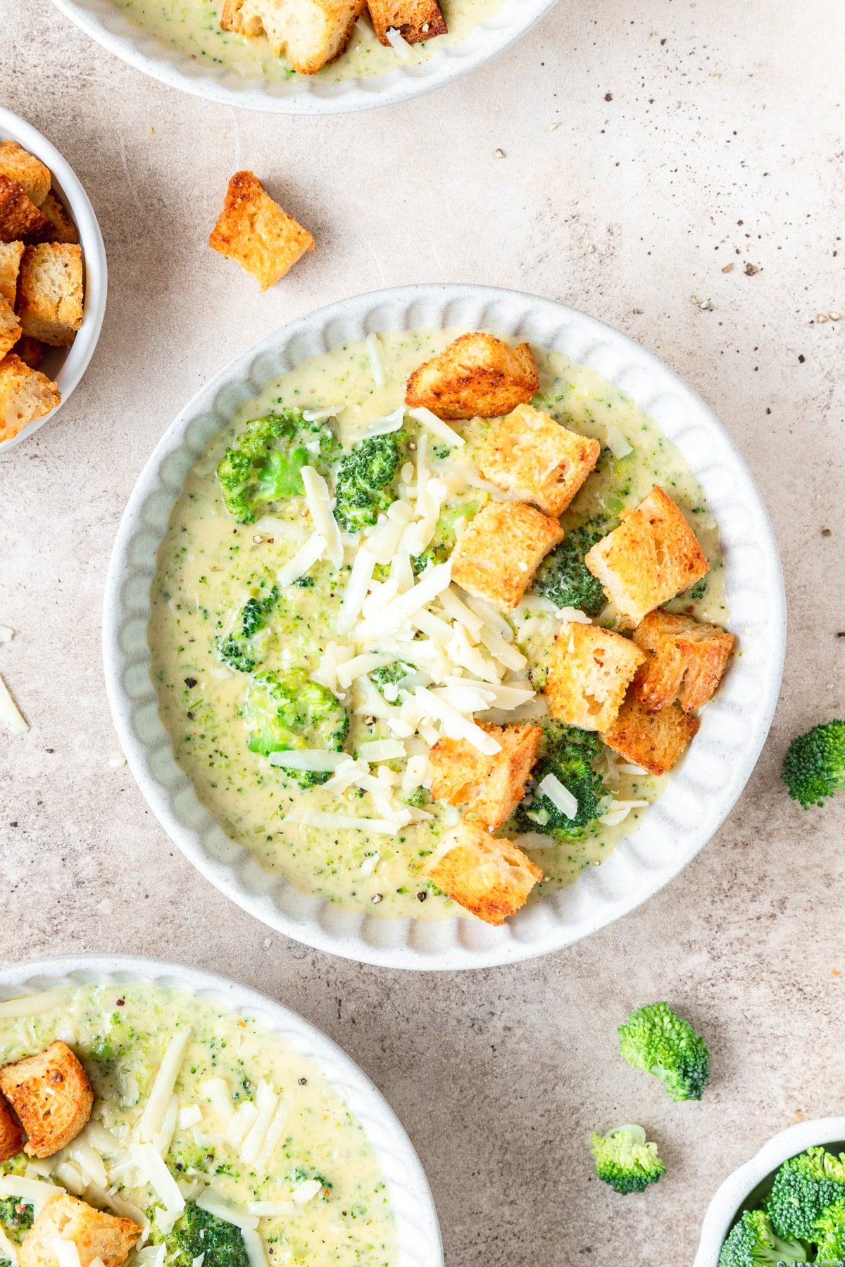 topping broccoli cheddar soup with homemade croutons. 