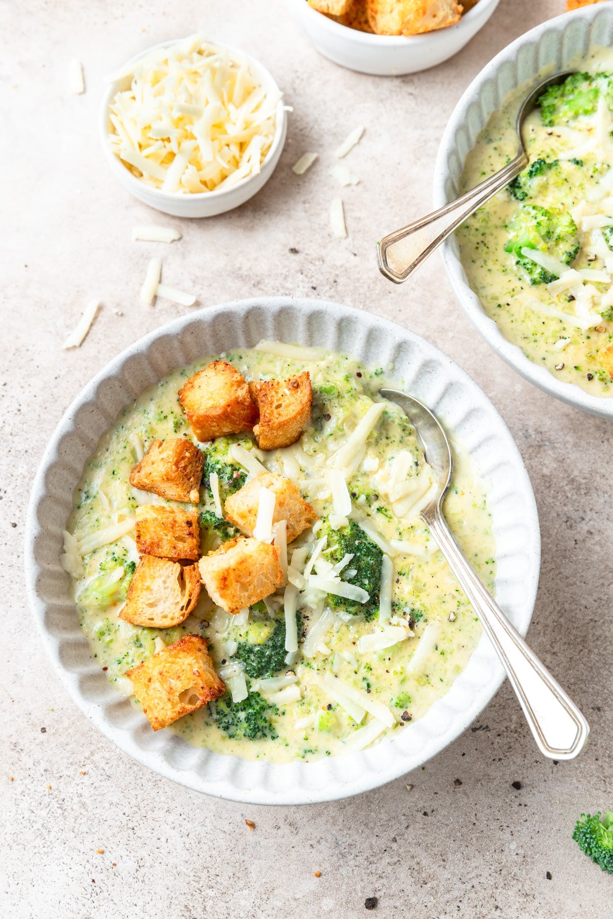 white cheddar broccoli soup with homemade croutons. 