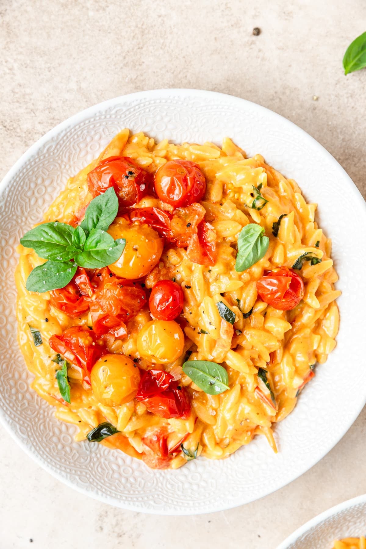 cherry tomato orzo with fresh basil.