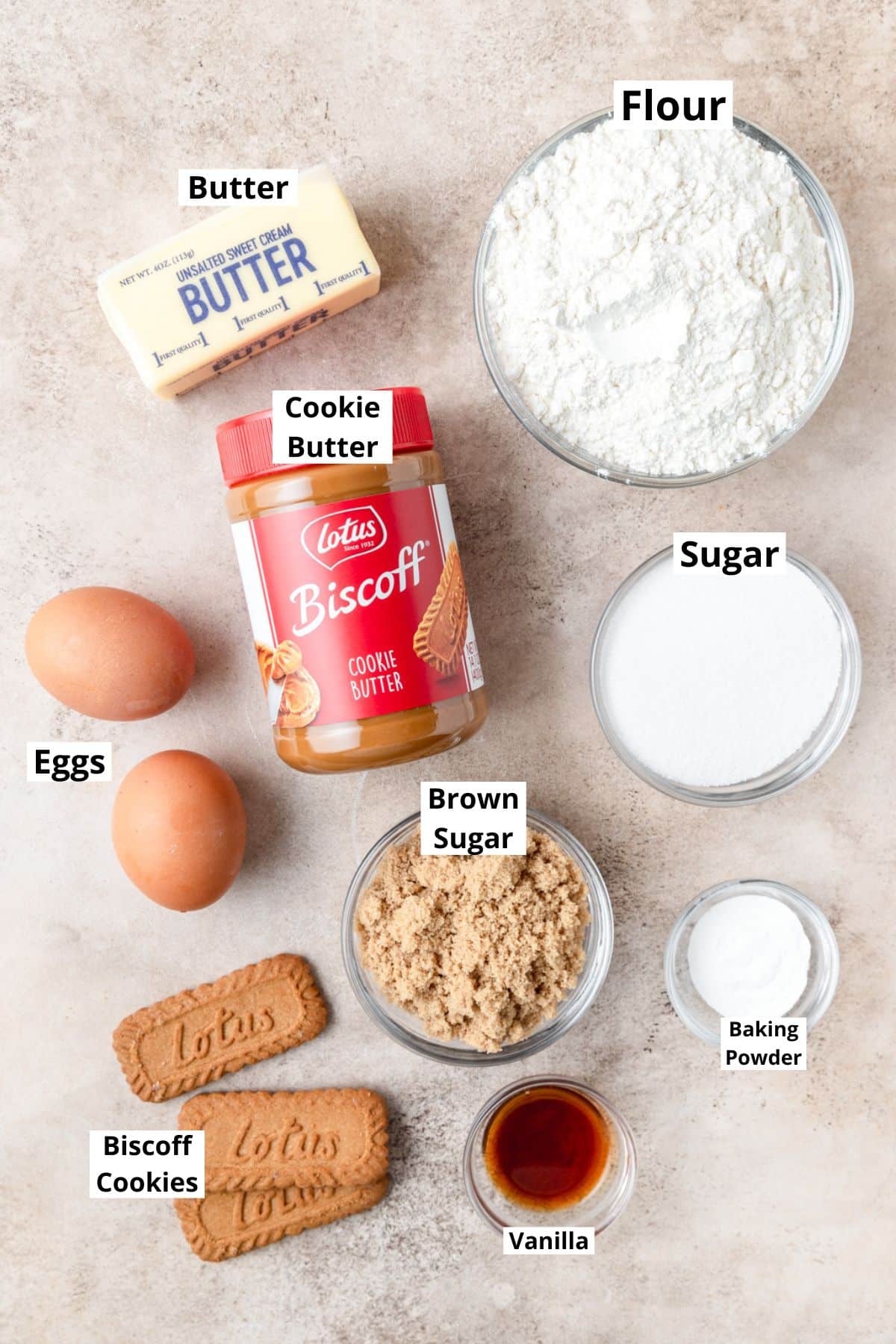 ingredients for cookie butter biscotti. 