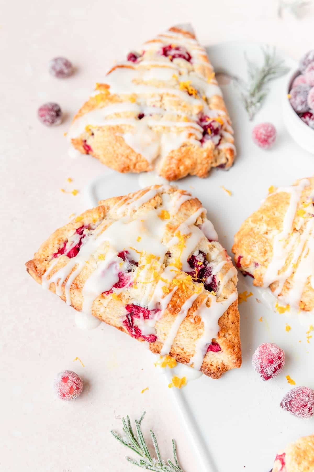 cranberry orange scones with orange glaze.