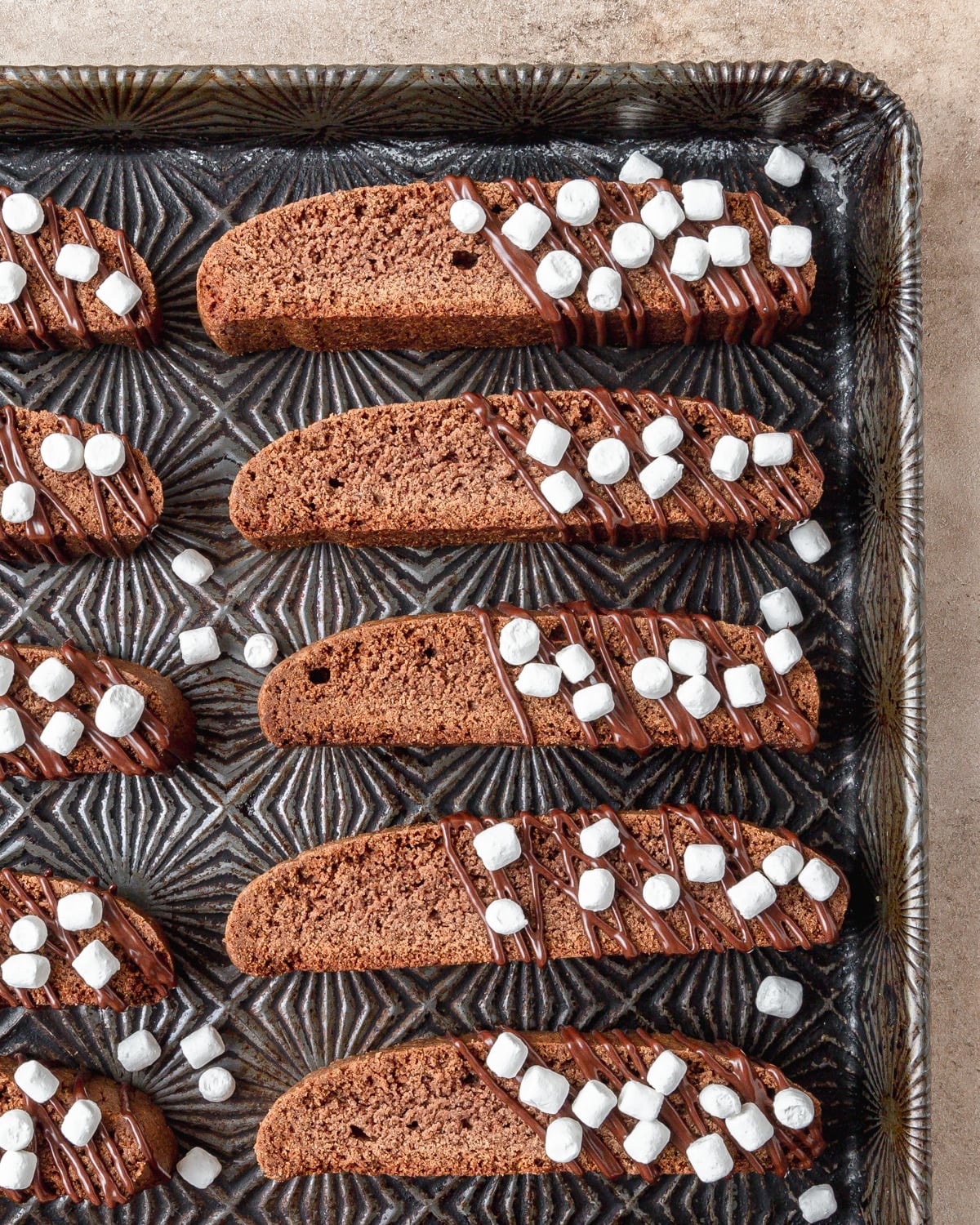 hot chocolate biscotti on baking sheet.