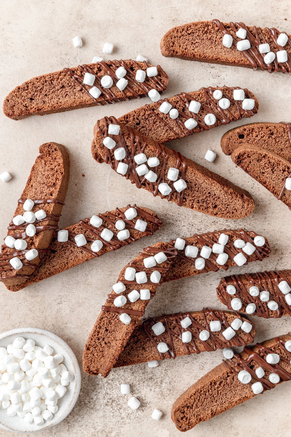 hot chocolate flavored biscotti topped with mini marshmallows.