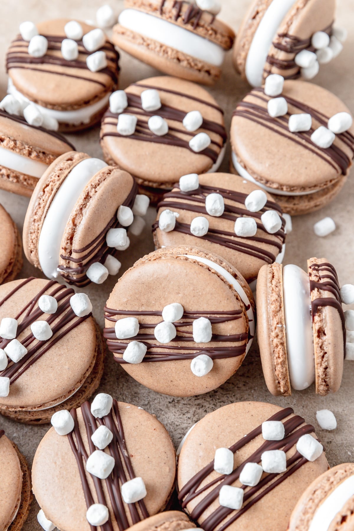 hot chocolate macarons filled with chocolate ganache.