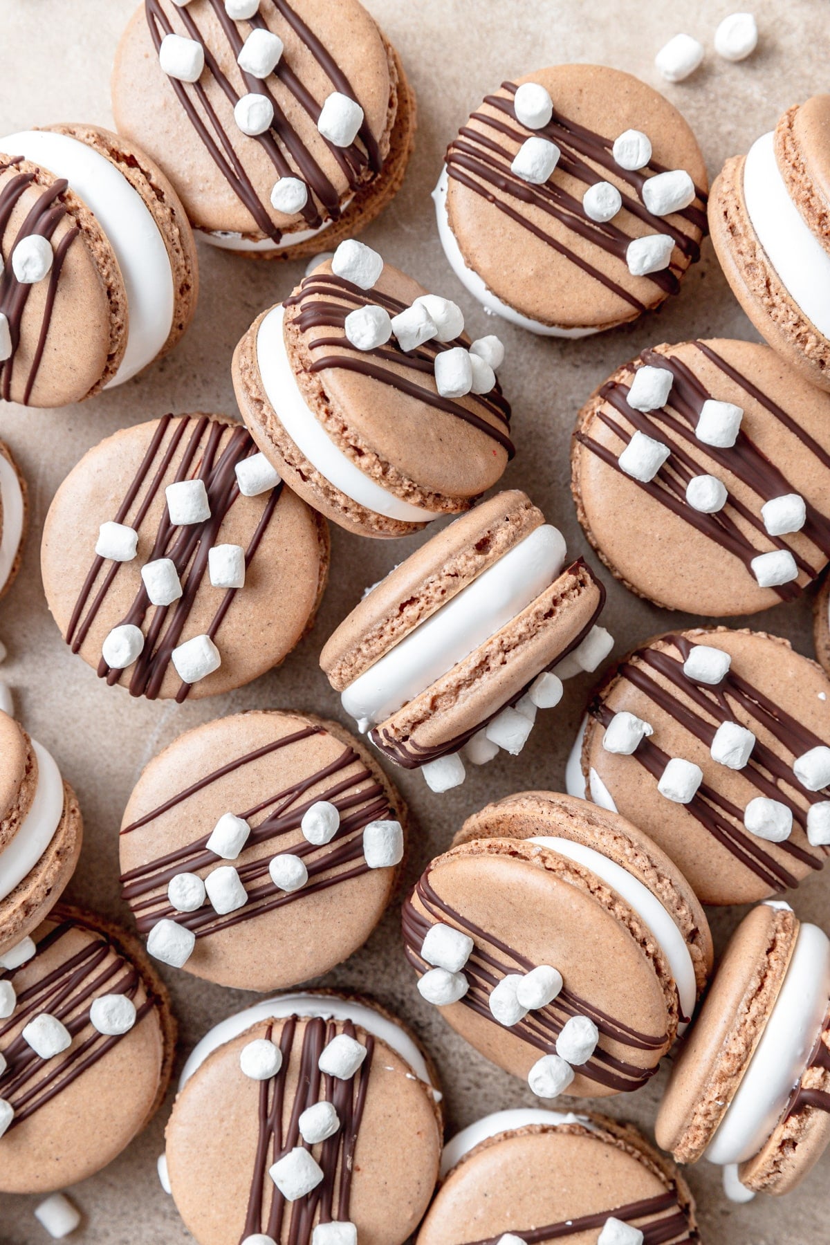 hot chocolate macarons topped with mini marshmallows.