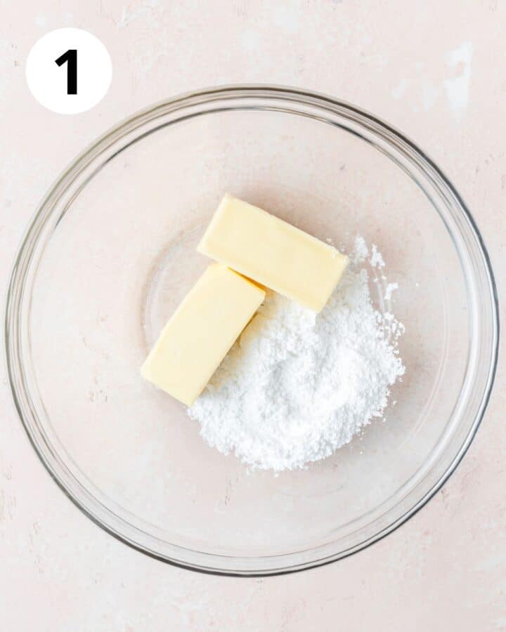 butter and powdered sugar in bowl.